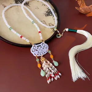 New Chinese style beaded necklace with glass flower, ruyi lock pendant and silk tassels