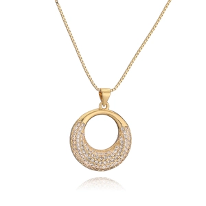18K gold plated copper necklace featuring a round hollow pendant with sparkling cubic zirconia