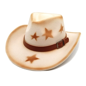 Cappello da cowboy classico in feltro di lana beige con stelle marroni e cinturino cuoio