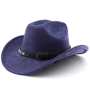 Close-up of deep purple suede cowboy hat featuring black leather belt and white X-stitching
