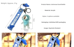 Detailed view of astronaut quicksand bottle keychain with dimensions and wrist strap