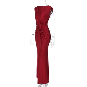 Side view of red sleeveless floor-length dress featuring elegant waist ruching detail