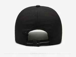 Rear view of black breathable baseball cap showing adjustable strap and quick-dry mesh fabric