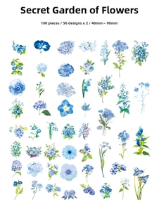 Detailed collection of 100 blue watercolor floral stickers with diverse plant patterns