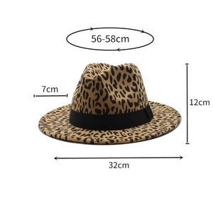 Leopard print fedora hat with flat brim and 7cm width measurement in white background