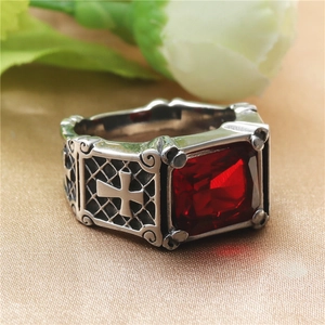 Retro gothic stainless steel ring with rectangle red gemstone and cross relief accents