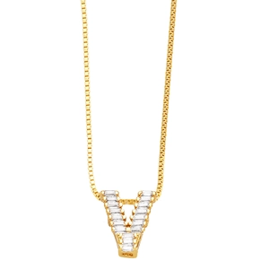 Detail of gold letter V pendant featuring micro-pave cubic zirconia on a box chain