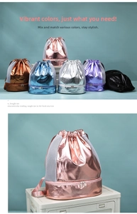 Macro view of metallic drawstring gym bags featuring dry-wet separation and bottom compartment