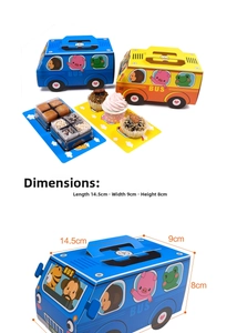 Detailed size specifications for cartoon bus gift boxes in yellow and blue colors