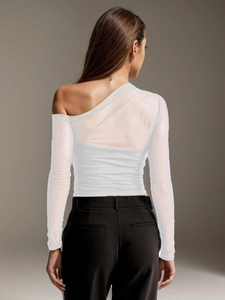 Detail of white mesh sleeve stitching and sheer fabric texture on the back of the top