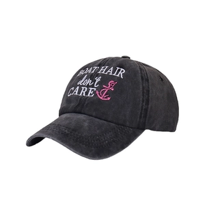 Washed dark gray denim baseball cap with BOAT HAIR don't CARE pink anchor embroidery