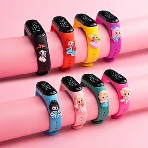 Detail view of colorful LED smartwatches featuring Disney princess silicone charms and bands