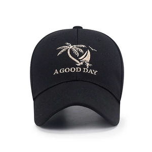 Unisex black baseball cap with tropical palm tree embroidery and A GOOD DAY text