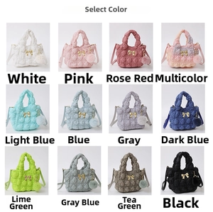 Selection of quilted nylon crossbody bags in 12 colors with bow details and fur ball charms