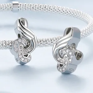 Sparkling S925 sterling silver music note charm with white zircon stones for DIY bracelets