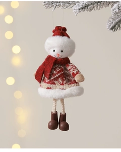 Detailed view of a plush Christmas snowman ornament hanging on a snowy pine branch