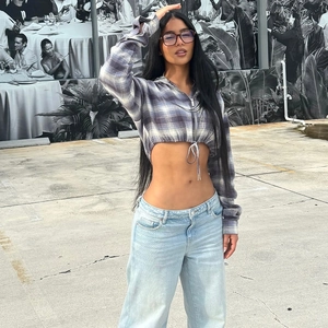 Dames Cropped Geruite Jas Met Capuchon Katoen Lange Mouwen Rits Trekkoord Zoom Streetwear Retro Bovenkleding Top
