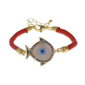 Adjustable red rope bracelet with gold-plated evil eye fish pendant and sparkling zircons