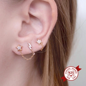 Star and lightning tassel earrings in gold-plated S925 silver with sparkling crystals