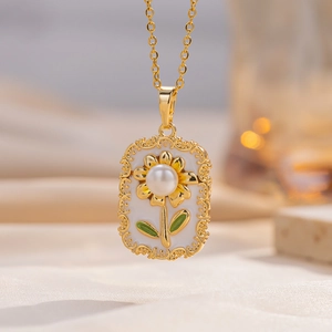 Vintage Sonnenblume Emaille-Halskette mit Süßwasserperle und goldener Titankette