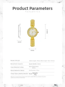 Detailed size specifications for gold quartz watch featuring a crystal-set round bezel
