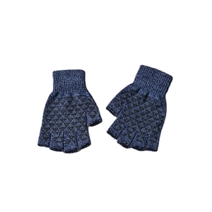 Blue knitted half-finger gloves for men and women with anti-slip palm grip on white background
