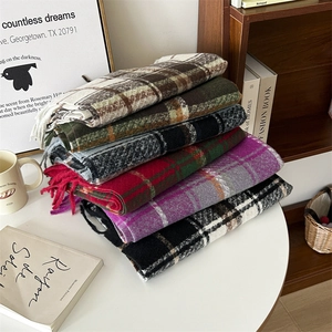 Women Winter Plaid Scarf Soft Imitation Cashmere Tassels Korean Fashion Warm Thick Checkered Shawl Wrap For Ladies Casual Daily
