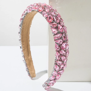 Detail of pink baroque headband with pear-cut rhinestones and soft velvet lining