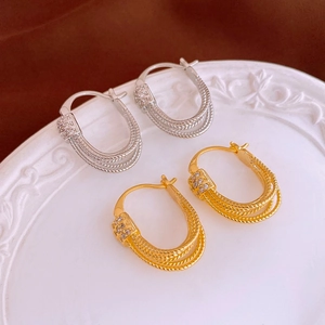 Orecchini a cerchio vintage francesi multistrato geometrici con zirconi in oro e argento