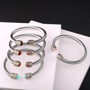 Twisted Cable Open Cuff Bangle Stainless Steel Natural Stone Zircon Faux Artificial Pearl Retro Vintage Bracelet For Women