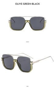 Detail view of square olive green sunglasses with metal bridge and black lenses