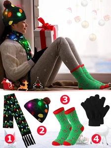 Détails de l'écharpe de Noël LED, bonnet tricoté, chaussettes et gants en coffret