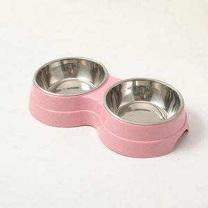 Pink double pet feeding bowls with detachable stainless steel inserts for small dogs and cats
