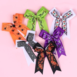 6-pack Halloween grosgrain hair bows for girls featuring pumpkin, bat and spider patterns