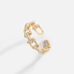 18K gold-plated brass chain-link open ring with sparkling zircon accents for women