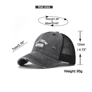 Size chart for unisex cotton baseball cap with mesh back and embroidered show lettering