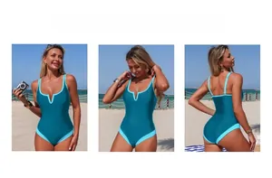 Three-view shots of a teal one-piece swimsuit with V-neckline on a sunny beach setting