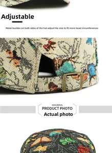Detail of vintage jacquard pattern and adjustable metal buckle on a floral beret hat