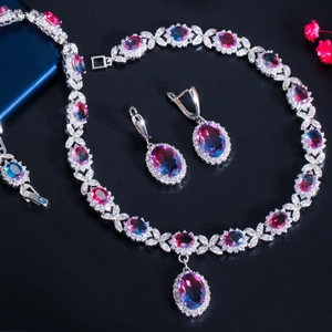 Zircon necklace, earrings and bracelet set with gradient multicolored gemstones
