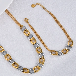 Detail of mixed-link necklace and bracelet set in polished gold and silver steel