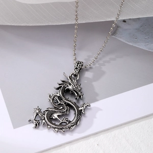 Vintage silver dragon pendant necklace with dragon bone chain in punk hip hop style