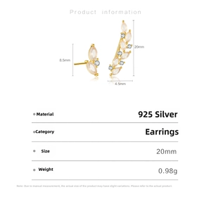 Detailed size specifications for 925 silver asymmetric leaf earrings with moonstone