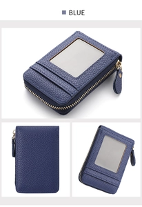 Blue lychee leather card holder featuring a zipper pocket and a clear ID window detail