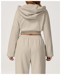 Back view of a beige cropped hoodie and sweatpants set in high-quality jersey fabric