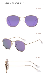 Detailed views of gold metal irregular sunglasses with purple lenses and C17 model markings