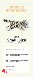 Size chart showing 38cm, 52cm, and 72cm dimensions for plush leopard toy dolls