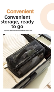 Detail showing the foldable design of a black mesh storage bag inside a suitcase