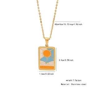 Detail of The Lovers tarot pendant with dimensions on gold stainless steel necklace