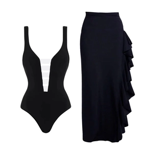 Women's V-neck swimsuit and ruffled side maxi skirt set with white mesh inserts