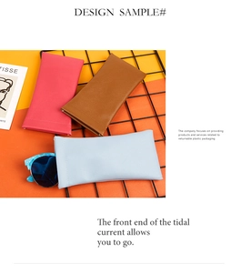 Close-up of portable soft leather eyeglass pouches in pink, tan, and light blue colors